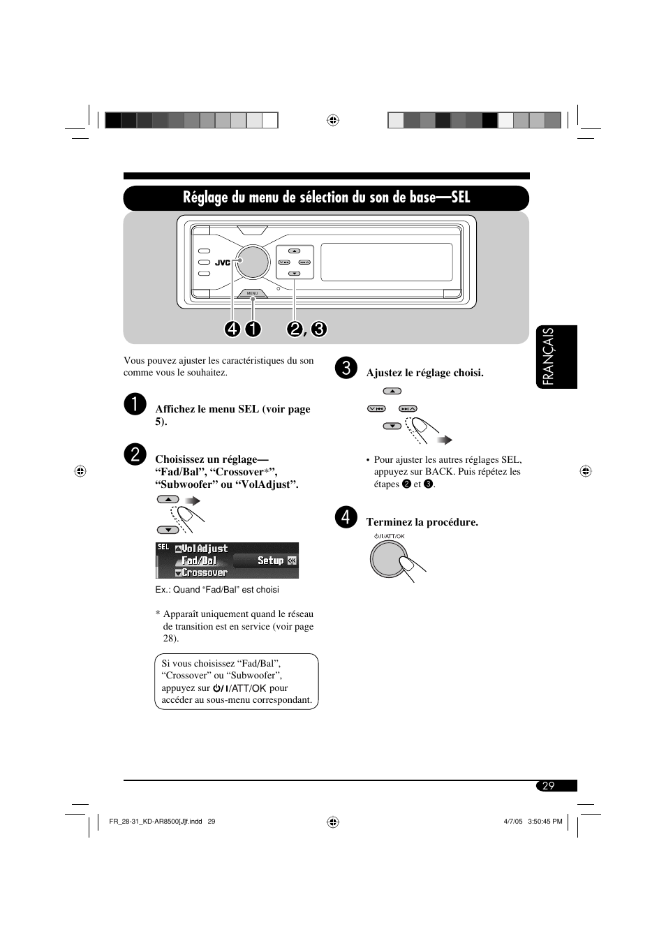 Réglage du menu de sélection du son de base—sel | JVC KD-AR8500 User Manual | Page 145 / 177