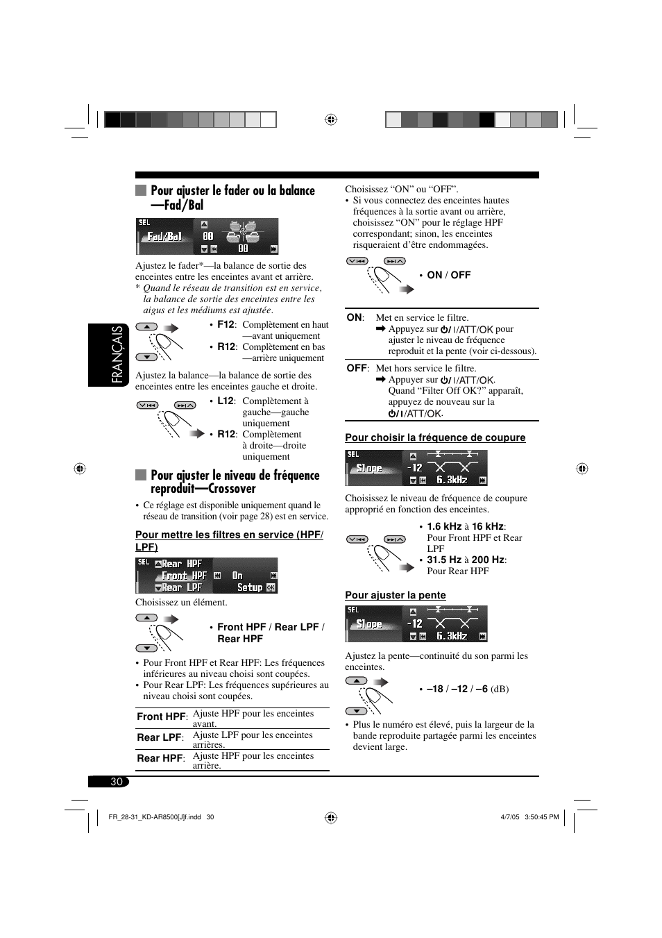 Français, Pour ajuster le fader ou la balance —fad/bal | JVC KD-AR8500 User Manual | Page 146 / 177