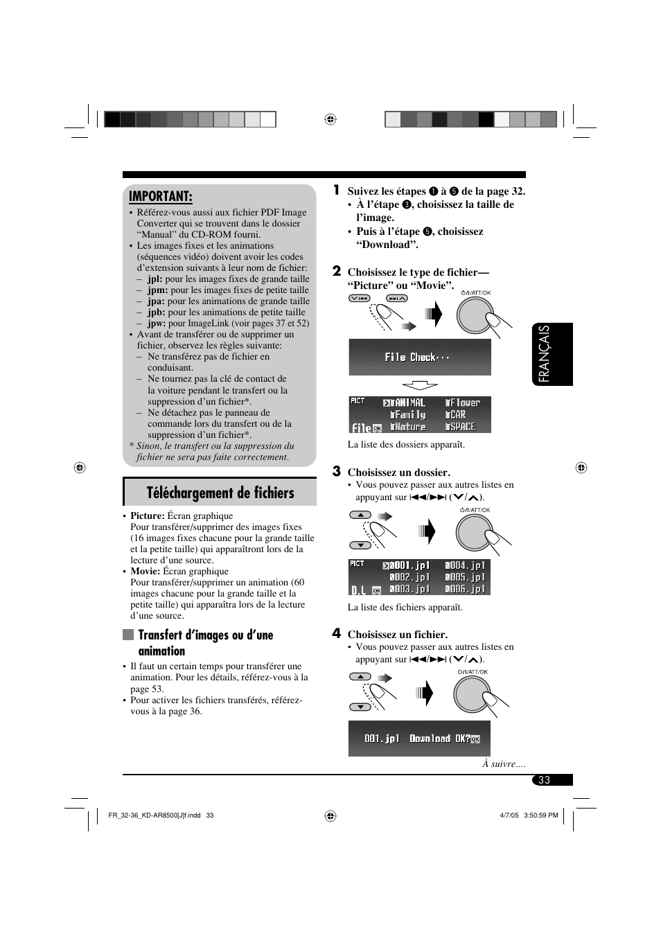 Téléchargement de fi chiers, Français important, Transfert d’images ou d’une animation | JVC KD-AR8500 User Manual | Page 149 / 177