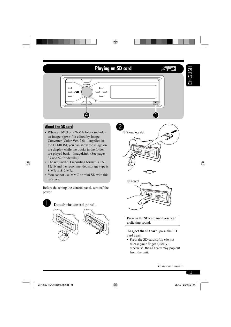 Playing an sd card, English | JVC KD-AR8500 User Manual | Page 15 / 177