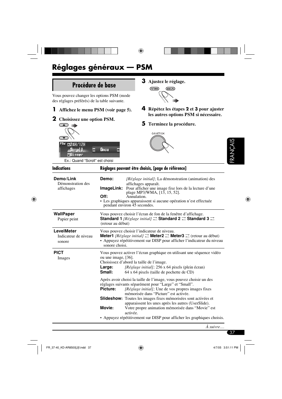 Réglages généraux — psm, Procédure de base, Français 3 | JVC KD-AR8500 User Manual | Page 153 / 177