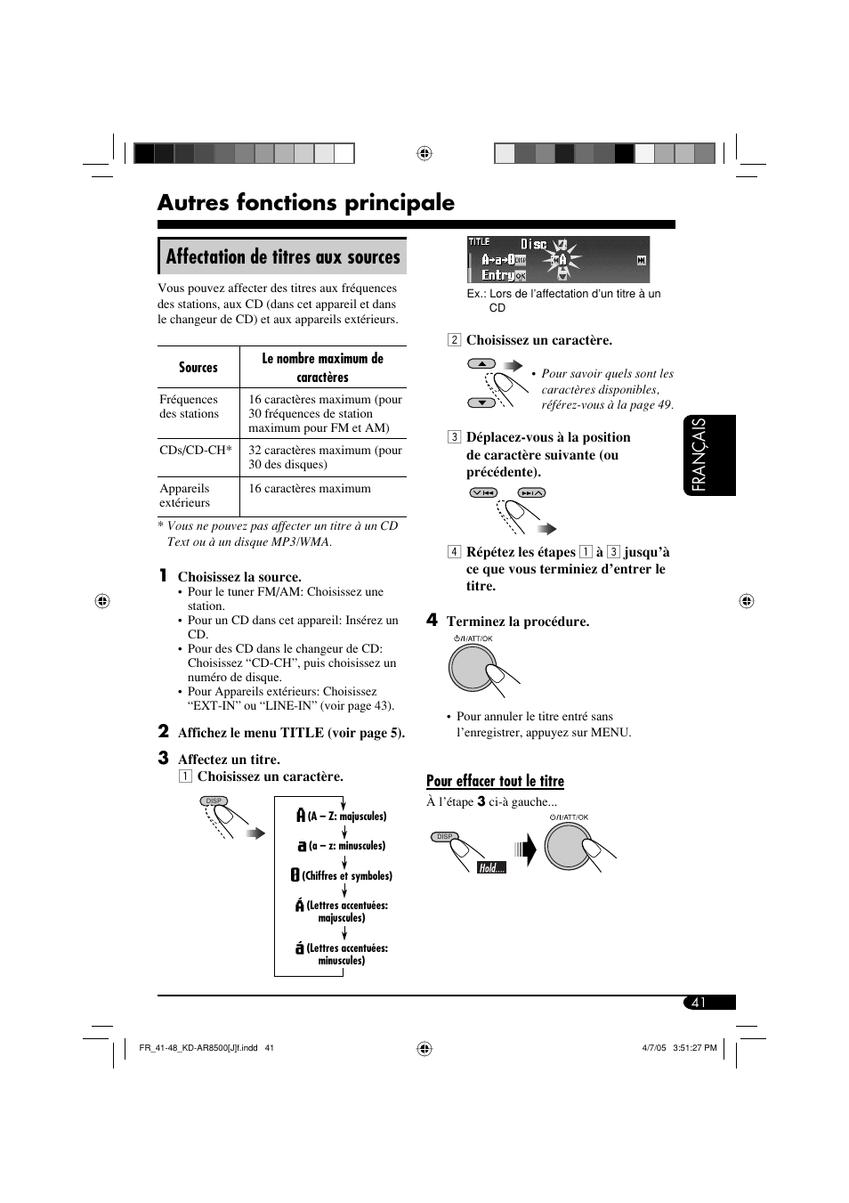 Autres fonctions principale, Affectation de titres aux sources, Français | JVC KD-AR8500 User Manual | Page 157 / 177