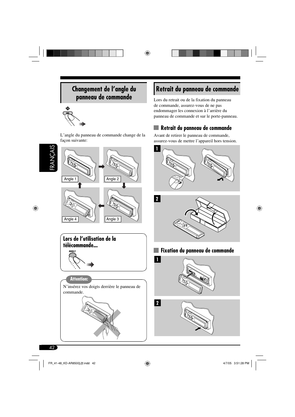 Retrait du panneau de commande, Changement de l’angle du panneau de commande, Français | Fixation du panneau de commande, Lors de l’utilisation de la télécommande | JVC KD-AR8500 User Manual | Page 158 / 177