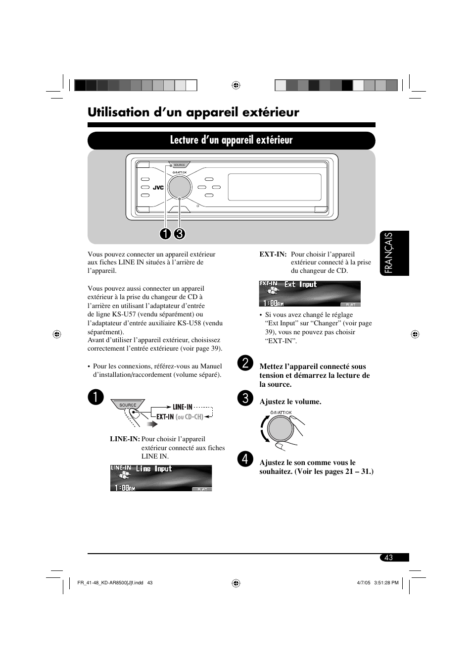 Utilisation d’un appareil extérieur, Lecture d’un appareil extérieur | JVC KD-AR8500 User Manual | Page 159 / 177