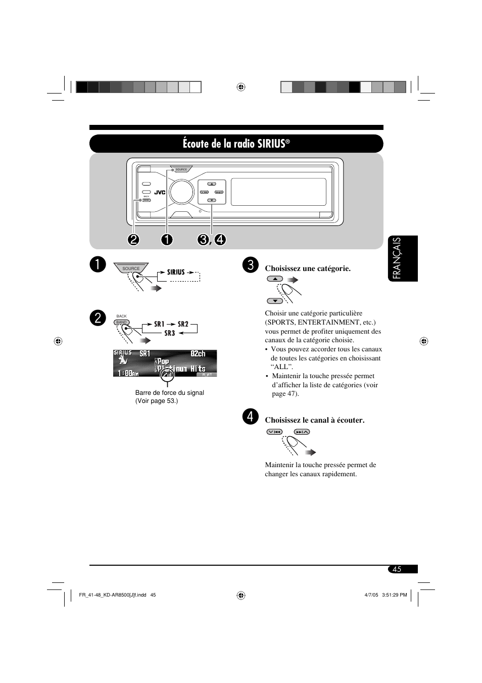 Écoute de la radio sirius, Français | JVC KD-AR8500 User Manual | Page 161 / 177