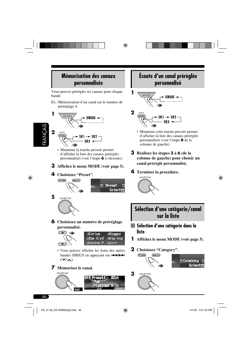 Mémorisation des canaux personnalisés, Écoute d’un canal préréglée personnalisé, Sélection d’une catégorie/canal sur la liste | Français, Sélection d’une catégorie dans la liste 1 | JVC KD-AR8500 User Manual | Page 162 / 177