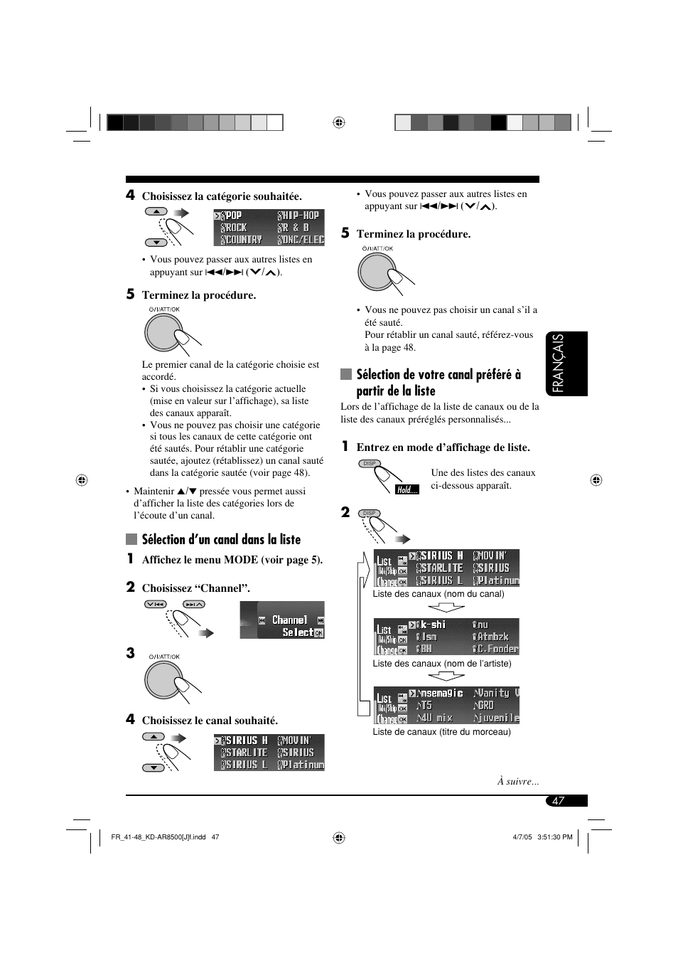 Français, Sélection d’un canal dans la liste 1 | JVC KD-AR8500 User Manual | Page 163 / 177