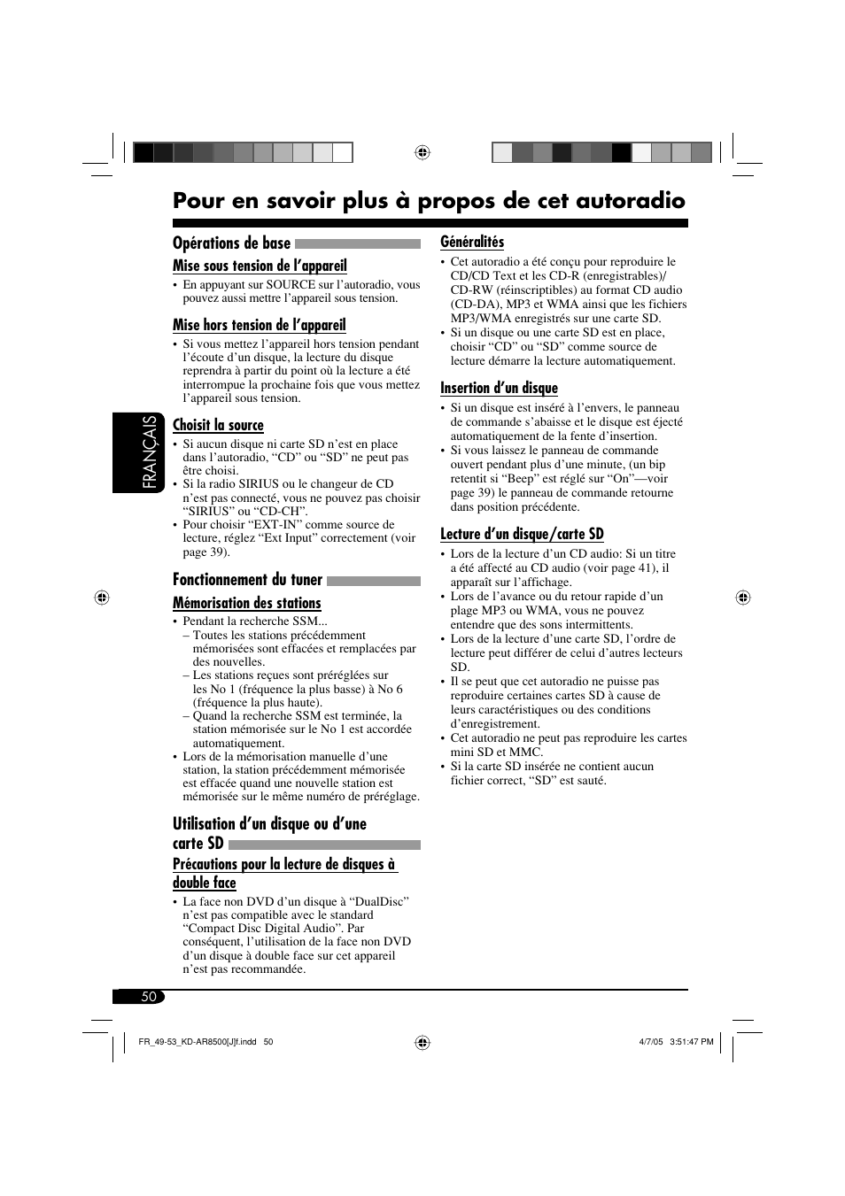 Pour en savoir plus à propos de cet autoradio, Français, Opérations de base | Fonctionnement du tuner, Utilisation d’un disque ou d’une carte sd | JVC KD-AR8500 User Manual | Page 166 / 177