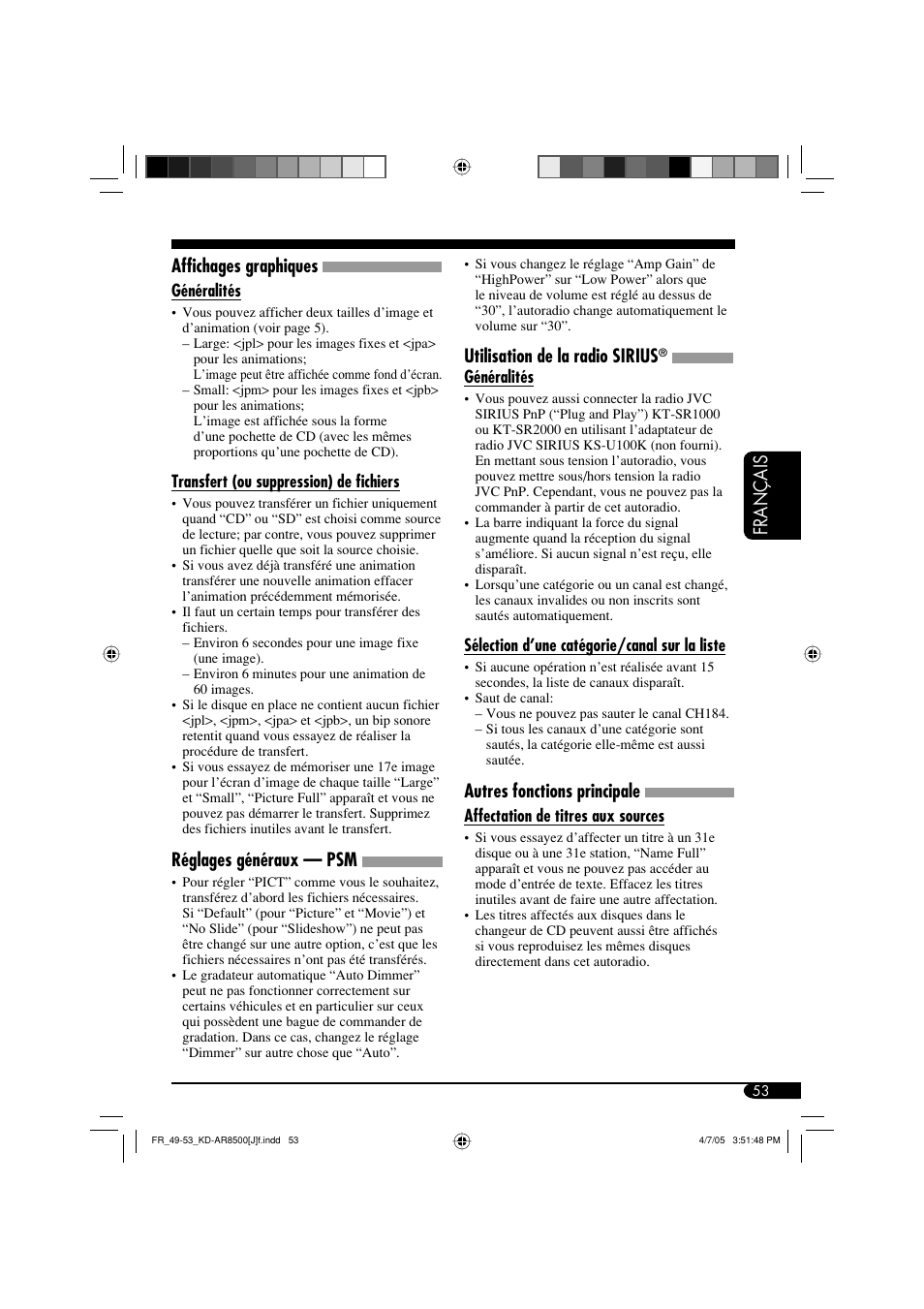 Français affichages graphiques, Réglages généraux — psm, Utilisation de la radio sirius | Autres fonctions principale | JVC KD-AR8500 User Manual | Page 169 / 177