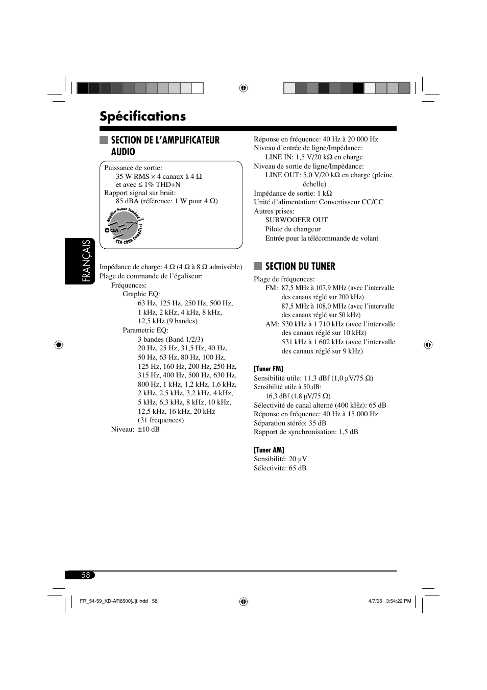 Spécifications, Français | JVC KD-AR8500 User Manual | Page 174 / 177