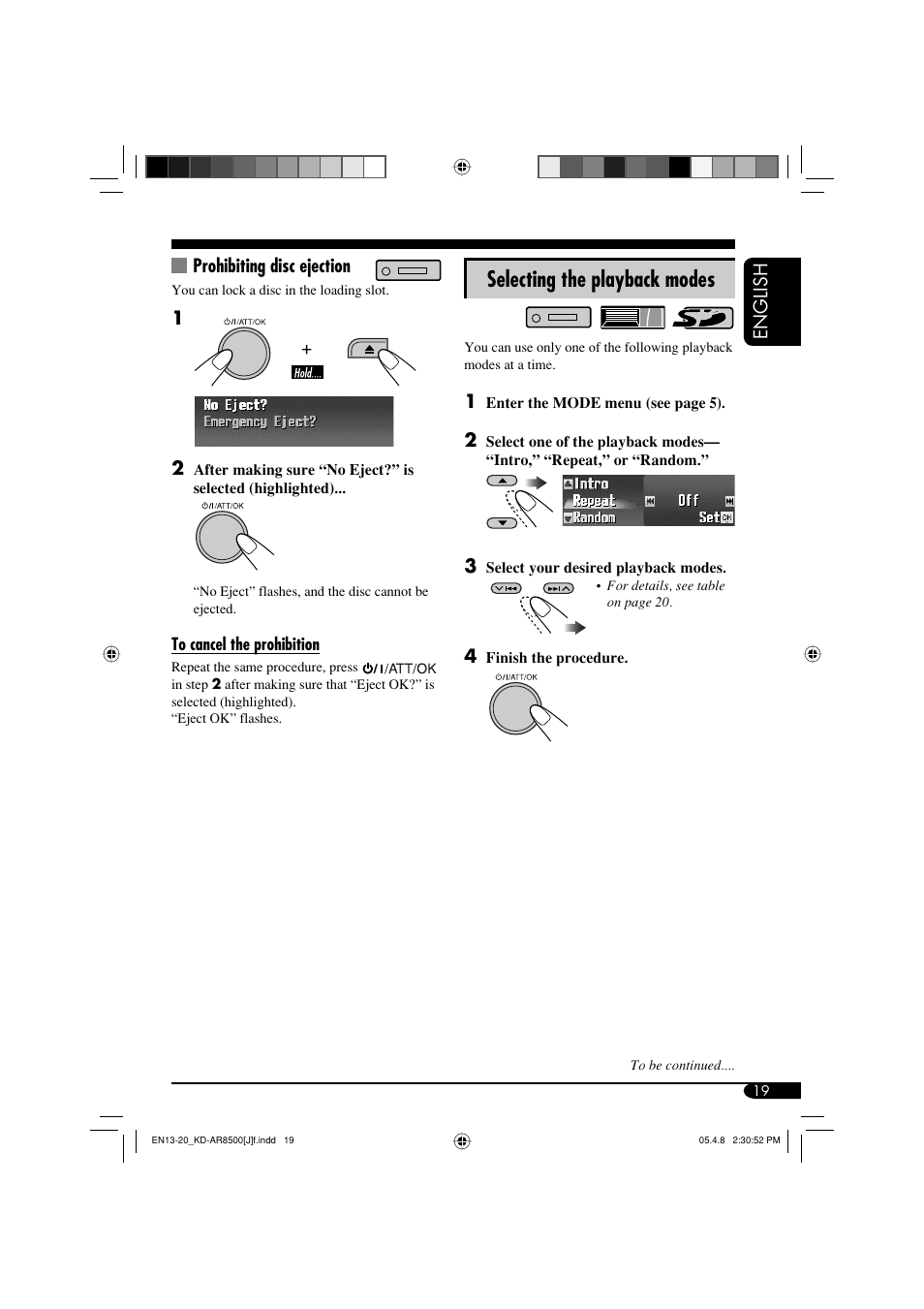 Selecting the playback modes, English, Prohibiting disc ejection | JVC KD-AR8500 User Manual | Page 19 / 177