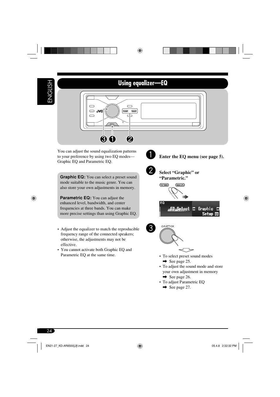 Using equalizer —eq | JVC KD-AR8500 User Manual | Page 24 / 177