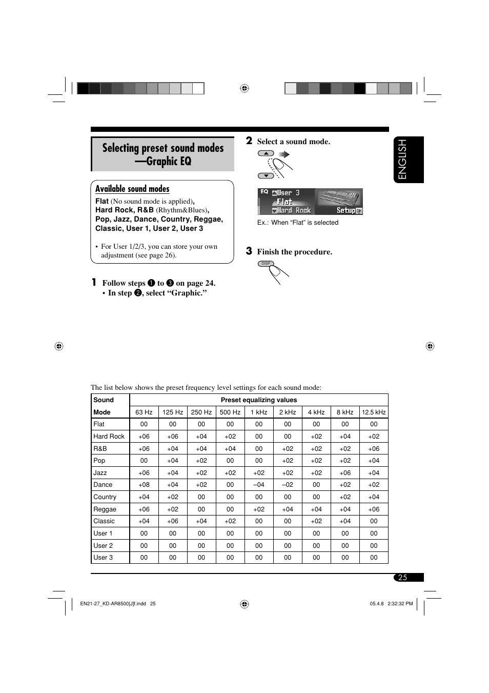 Selecting preset sound modes —graphic eq, English 2, Available sound modes | Select a sound mode, Finish the procedure | JVC KD-AR8500 User Manual | Page 25 / 177