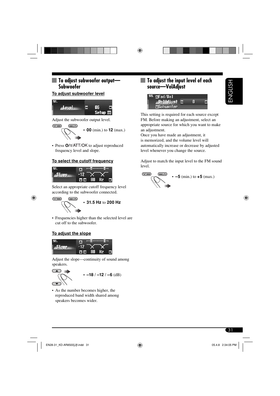 English to adjust subwoofer output— subwoofer | JVC KD-AR8500 User Manual | Page 31 / 177