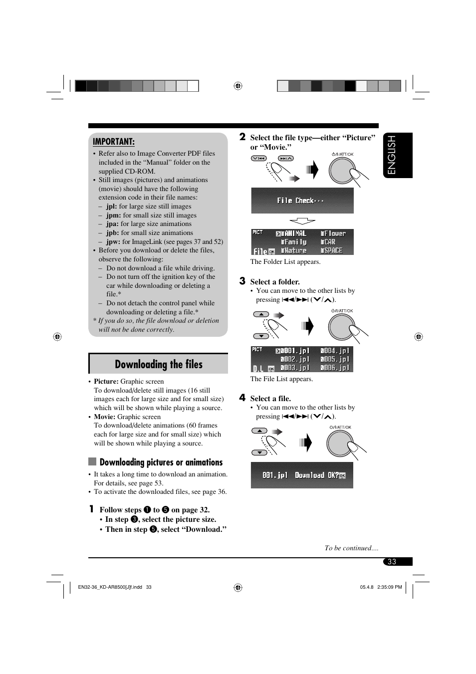 Downloading the fi les, English 2, Downloading pictures or animations | JVC KD-AR8500 User Manual | Page 33 / 177