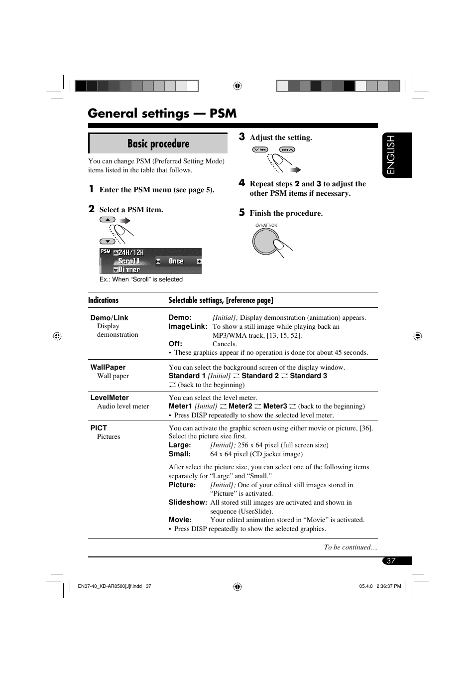 General settings — psm, Basic procedure, English 3 | JVC KD-AR8500 User Manual | Page 37 / 177