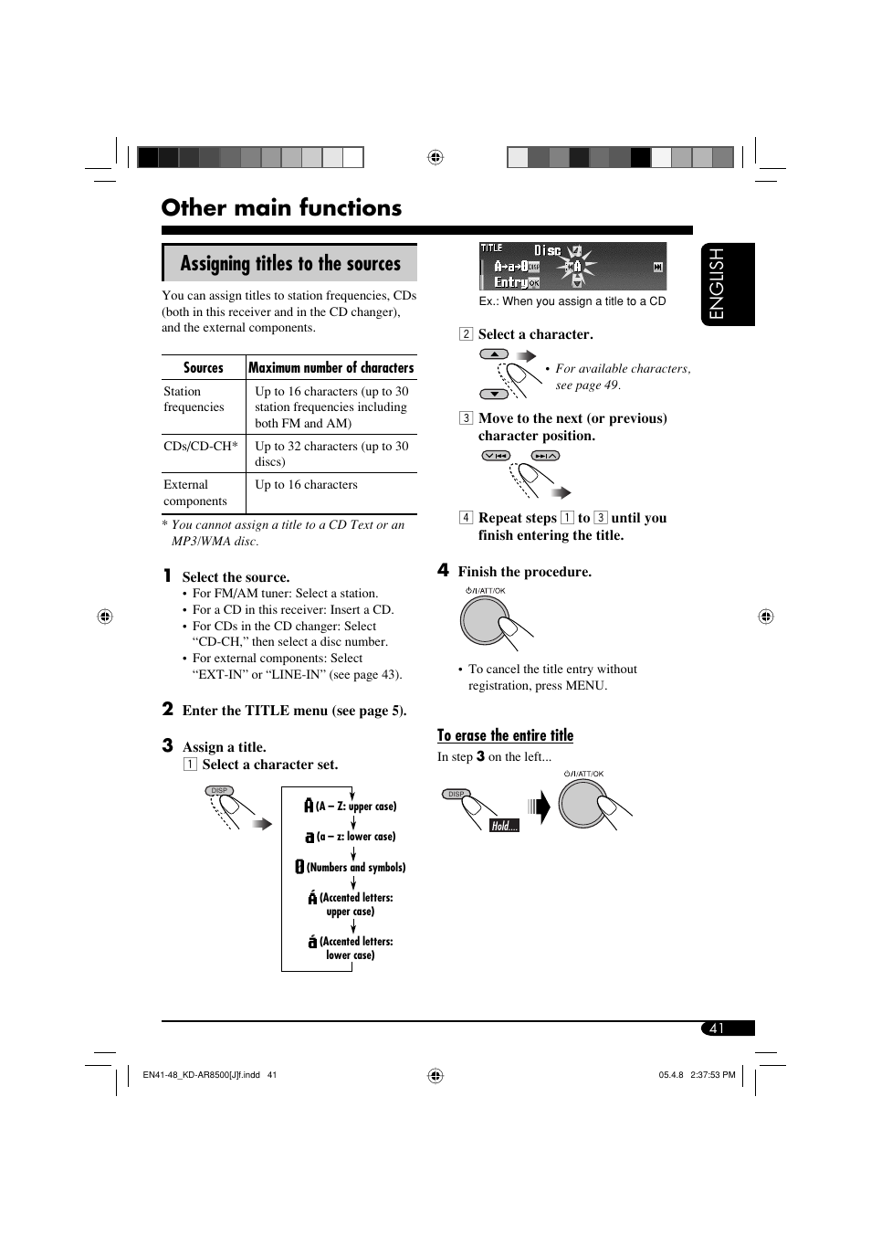 Other main functions, Assigning titles to the sources, English | JVC KD-AR8500 User Manual | Page 41 / 177