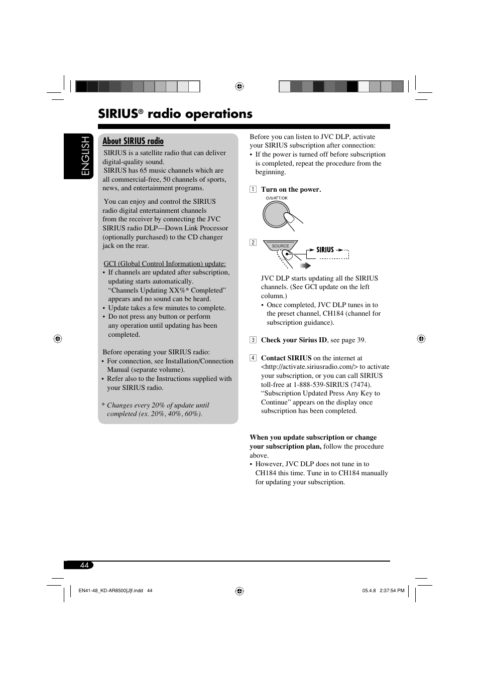 Sirius, Radio operations, English | JVC KD-AR8500 User Manual | Page 44 / 177