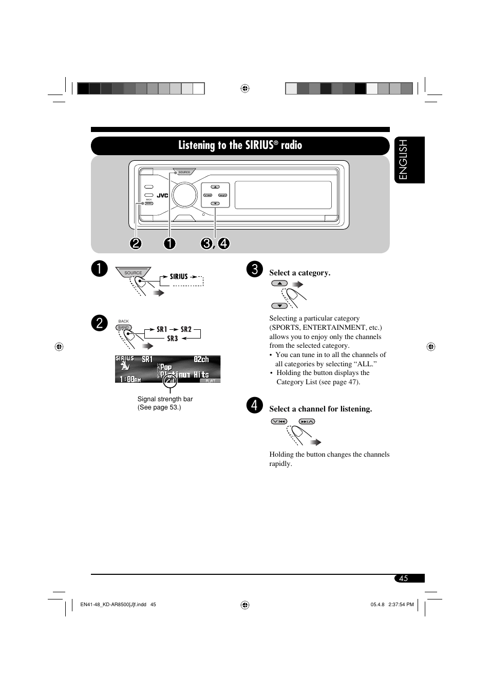 Listening to the sirius, Radio, English | JVC KD-AR8500 User Manual | Page 45 / 177