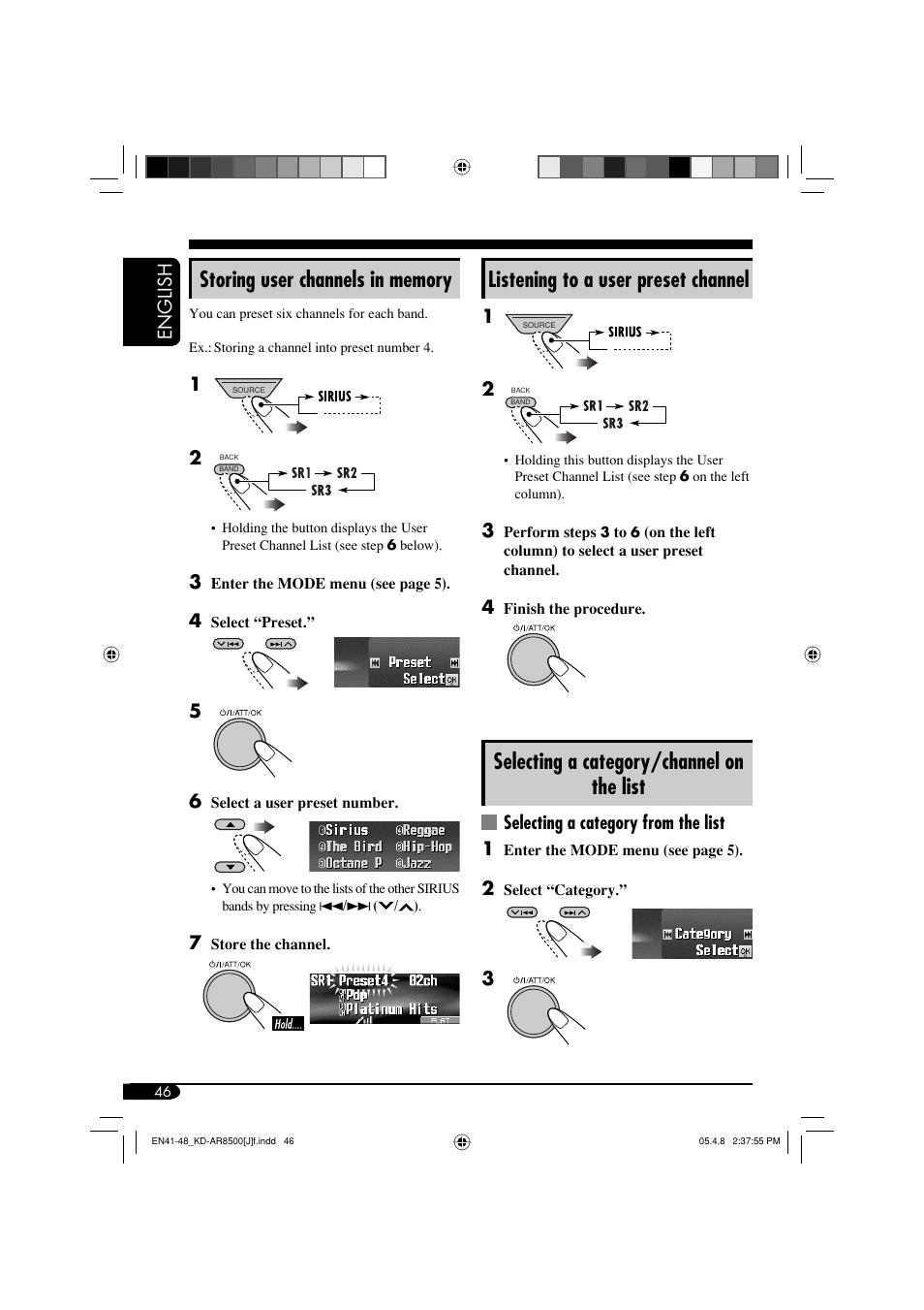 Listening to a user preset channel, Selecting a category/channel on the list, English | Selecting a category from the list 1 | JVC KD-AR8500 User Manual | Page 46 / 177