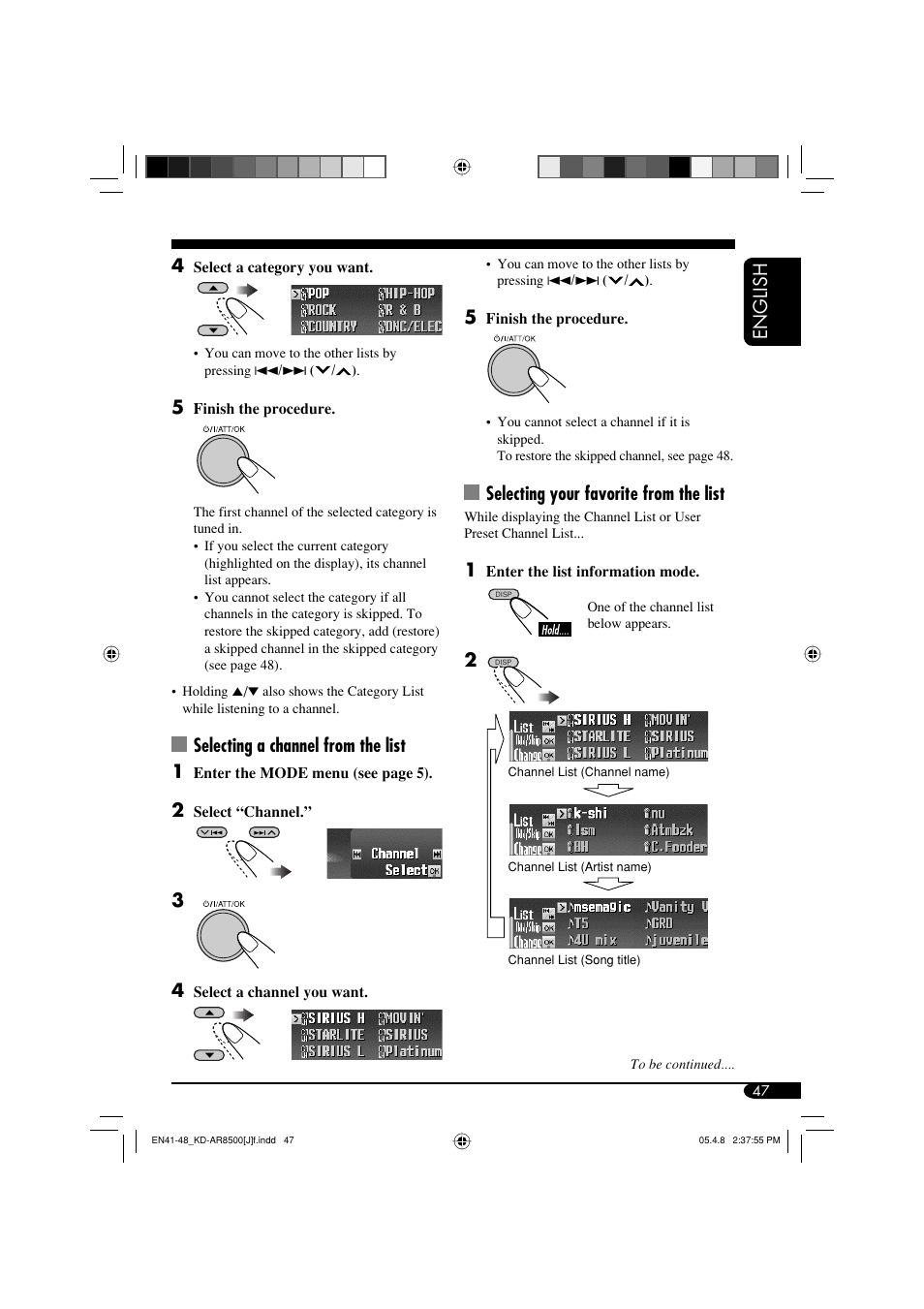 English, Selecting your favorite from the list, Selecting a channel from the list 1 | JVC KD-AR8500 User Manual | Page 47 / 177