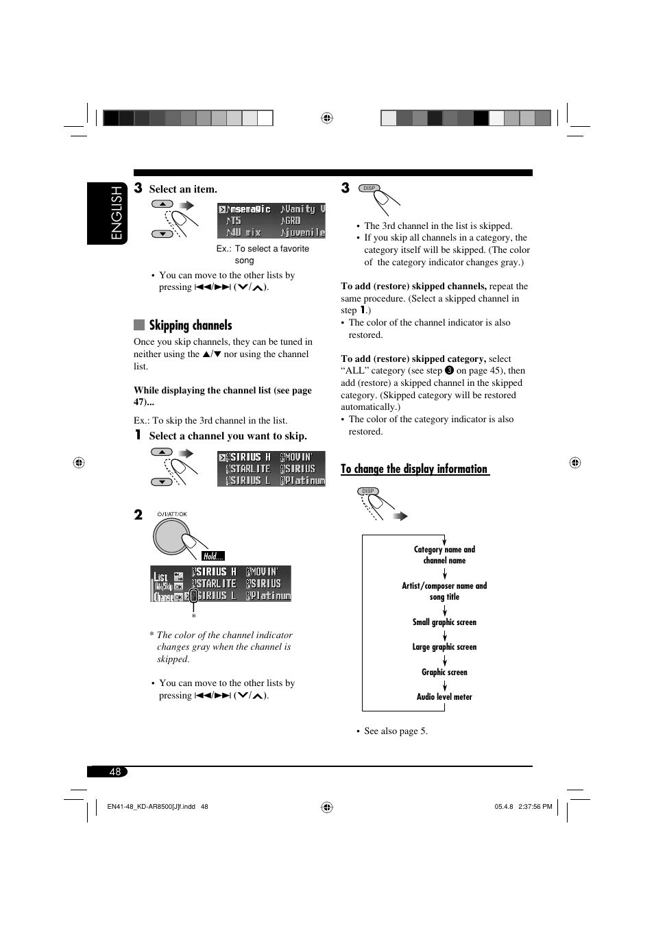 English 3, Skipping channels | JVC KD-AR8500 User Manual | Page 48 / 177