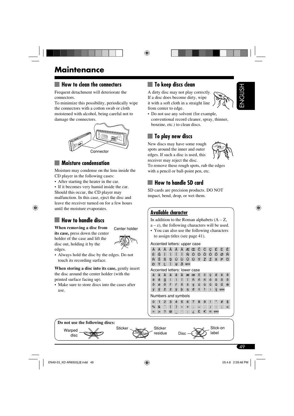 Maintenance, English, How to handle sd card | How to clean the connectors, Moisture condensation, How to handle discs | JVC KD-AR8500 User Manual | Page 49 / 177