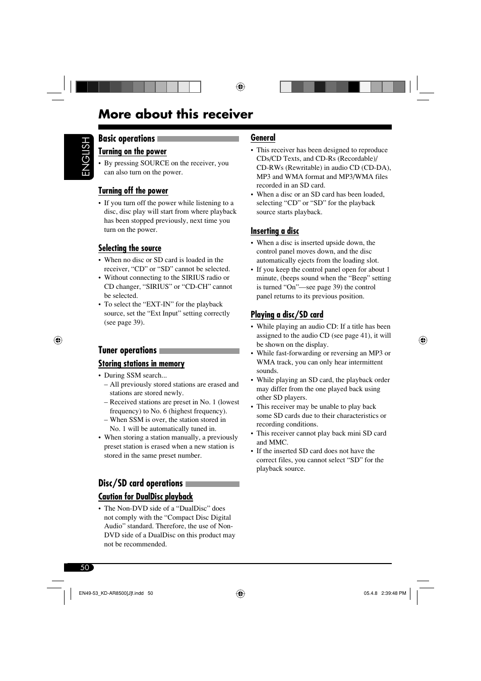 More about this receiver, English, Basic operations | Tuner operations, Disc/sd card operations | JVC KD-AR8500 User Manual | Page 50 / 177