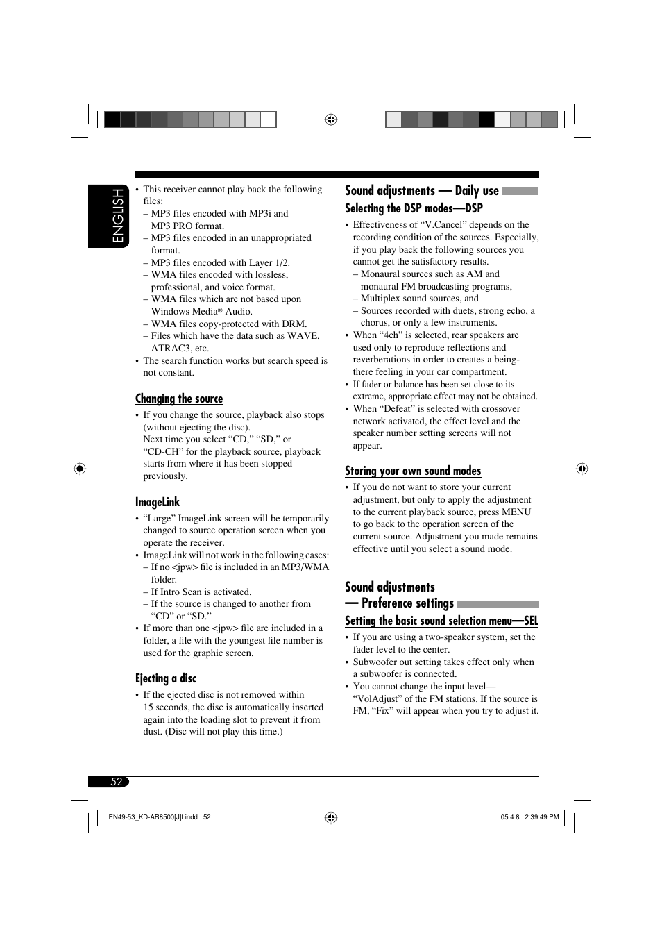 English, Sound adjustments — daily use, Sound adjustments — preference settings | JVC KD-AR8500 User Manual | Page 52 / 177