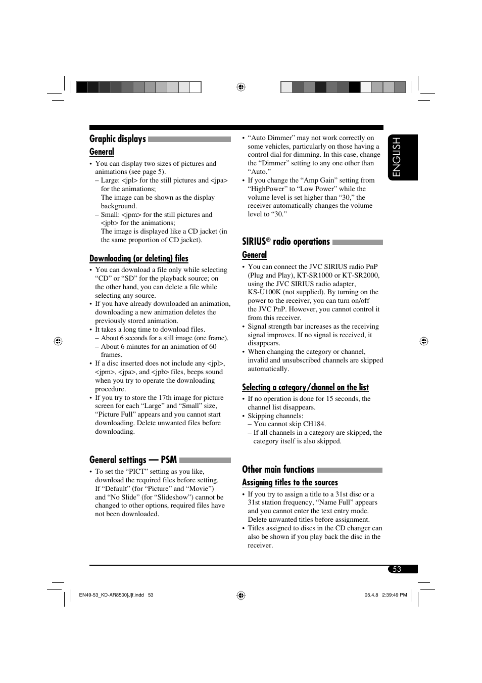 English graphic displays, General settings — psm, Sirius | Radio operations, Other main functions | JVC KD-AR8500 User Manual | Page 53 / 177