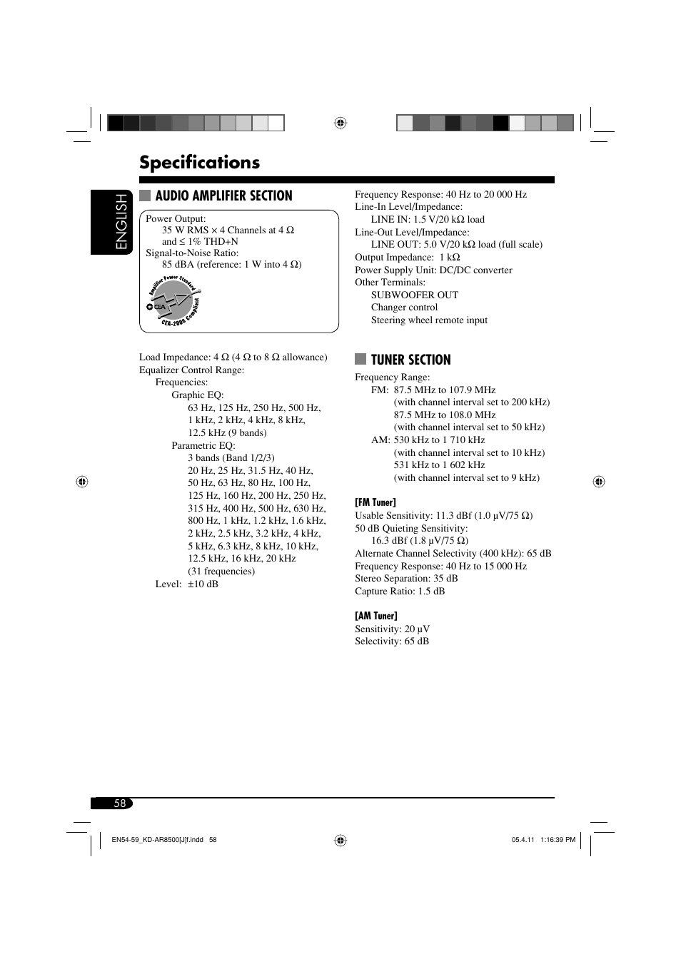Specifications, English | JVC KD-AR8500 User Manual | Page 58 / 177