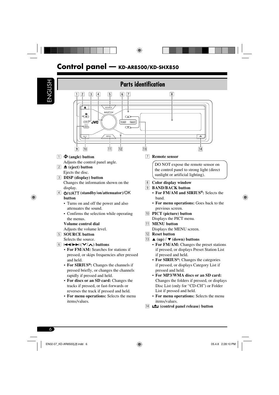 Control panel, Parts identification, English | JVC KD-AR8500 User Manual | Page 6 / 177