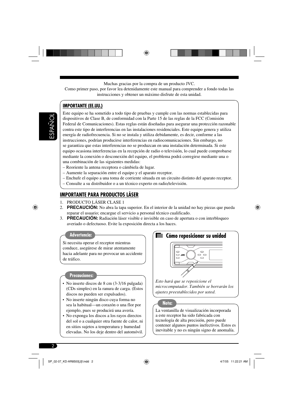 Esp añol, Cómo reposicionar su unidad | JVC KD-AR8500 User Manual | Page 60 / 177