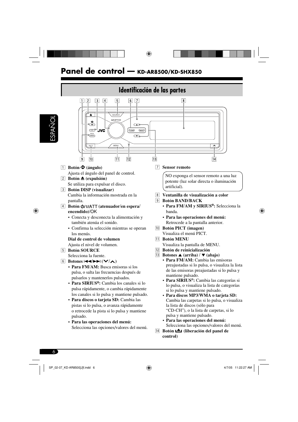 Panel de control, Identificación de las partes, Esp añol | JVC KD-AR8500 User Manual | Page 64 / 177