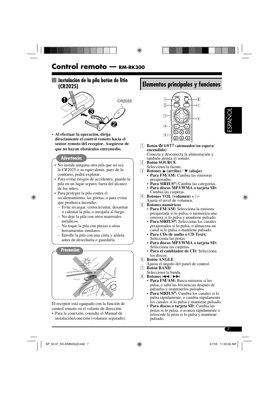 Control remoto, Elementos principales y funciones, Esp añol | Instalación de la pila botón de litio (cr2025) | JVC KD-AR8500 User Manual | Page 65 / 177