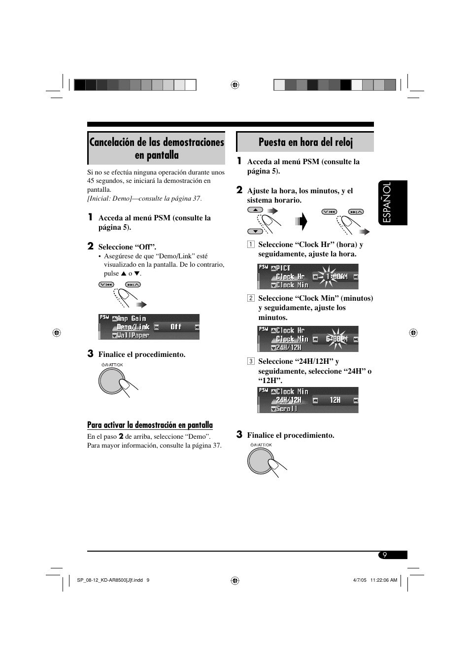 Puesta en hora del reloj, Cancelación de las demostraciones en pantalla | JVC KD-AR8500 User Manual | Page 67 / 177