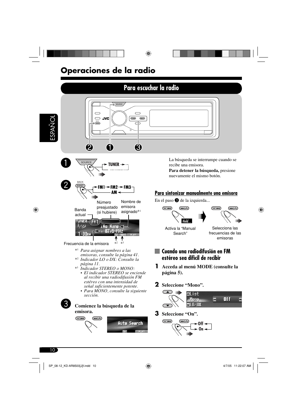 Operaciones de la radio, Para escuchar la radio, Esp añol | JVC KD-AR8500 User Manual | Page 68 / 177