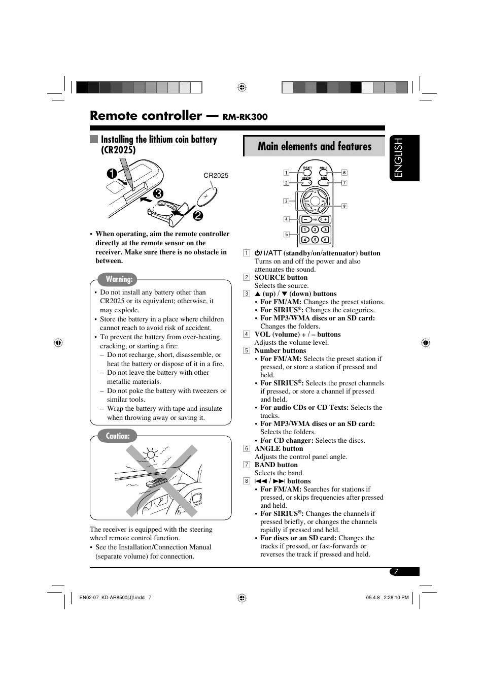 Remote controller, Main elements and features, English | Installing the lithium coin battery (cr2025) | JVC KD-AR8500 User Manual | Page 7 / 177
