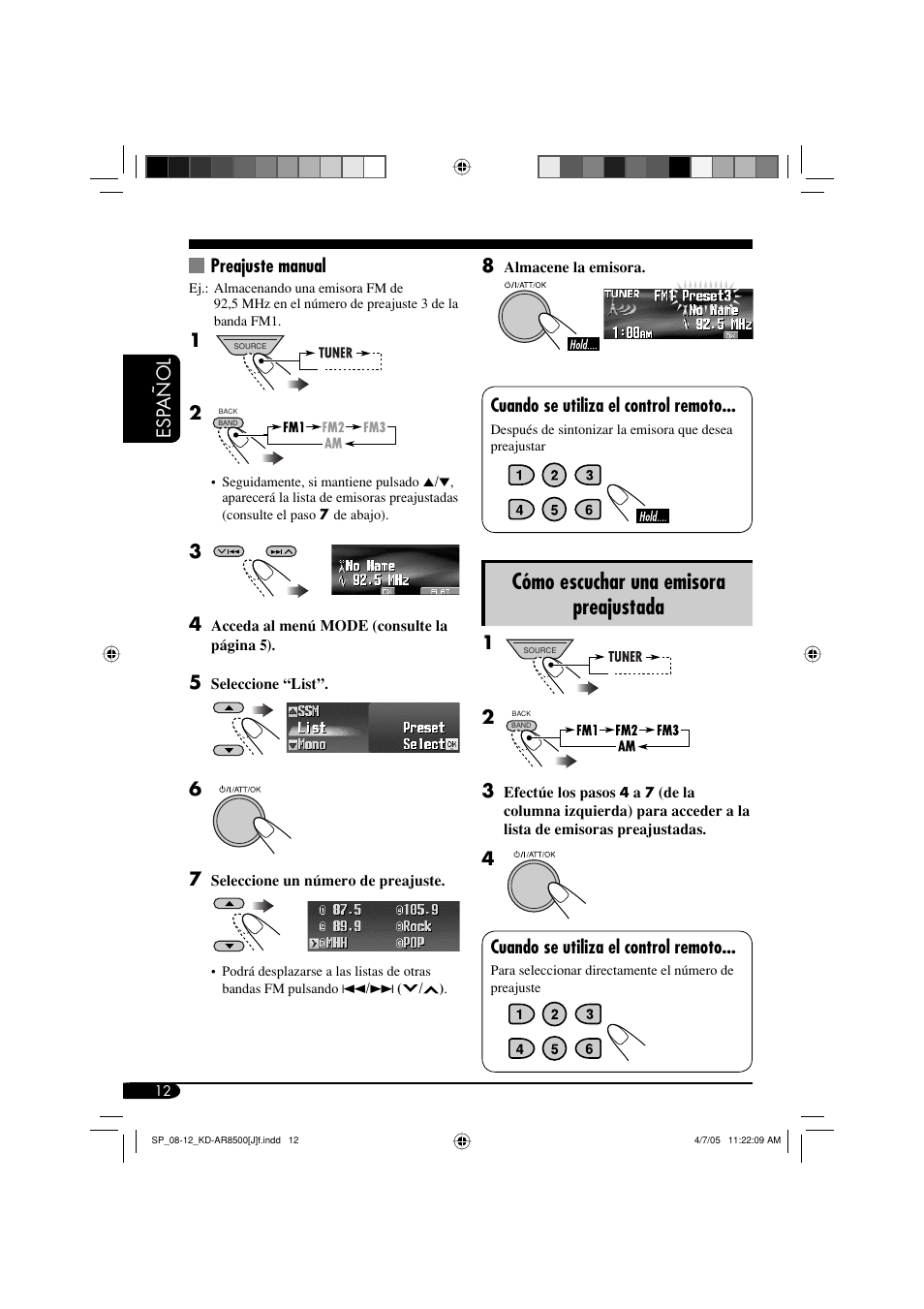 Cómo escuchar una emisora preajustada, Esp añol 8, Cuando se utiliza el control remoto | 4cuando se utiliza el control remoto, Preajuste manual | JVC KD-AR8500 User Manual | Page 70 / 177