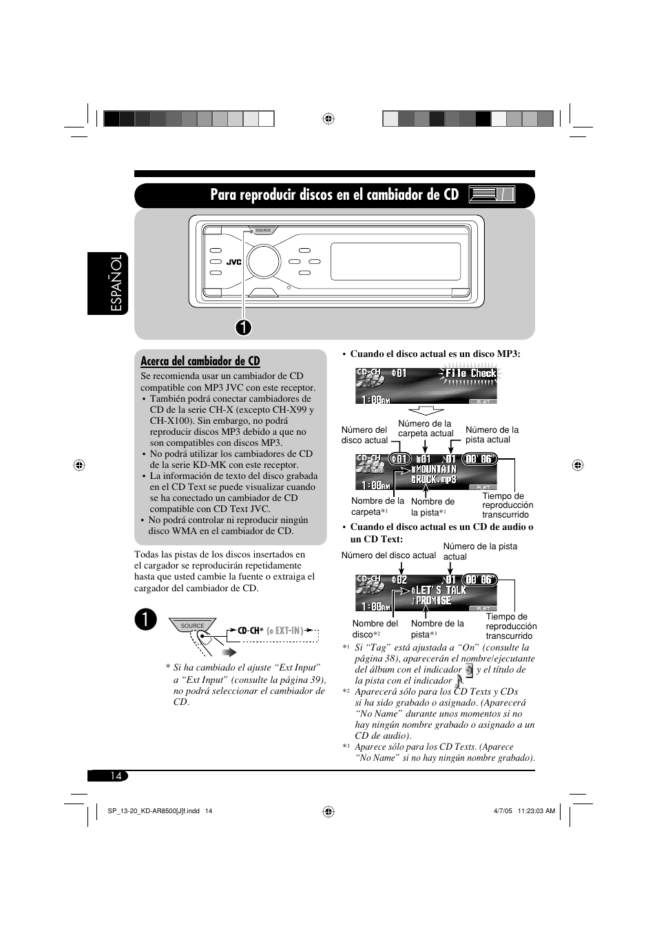 Para reproducir discos en el cambiador de cd, Esp añol, Acerca del cambiador de cd | JVC KD-AR8500 User Manual | Page 72 / 177