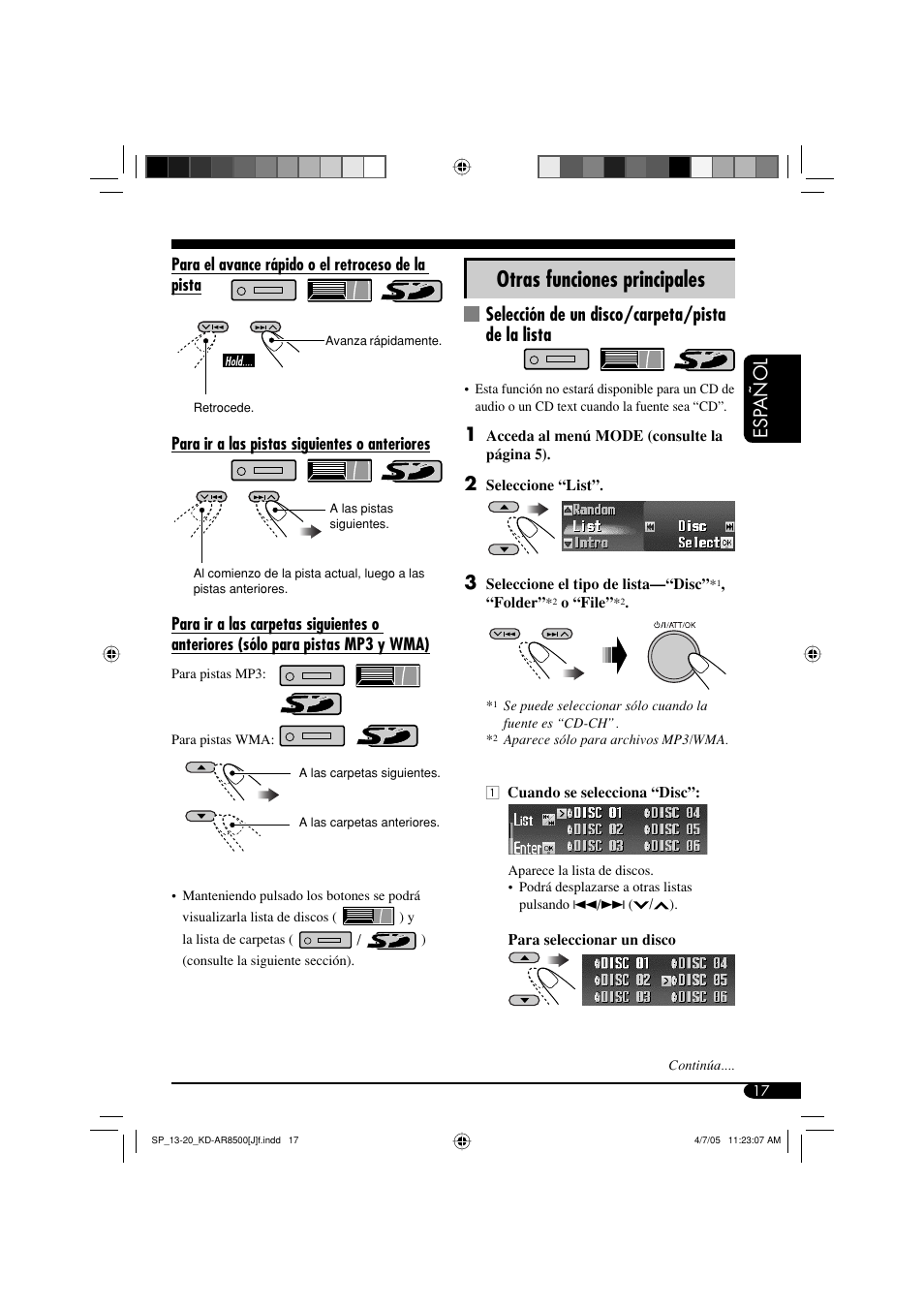 Otras funciones principales, Esp añol, Selección de un disco/carpeta/pista de la lista | JVC KD-AR8500 User Manual | Page 75 / 177