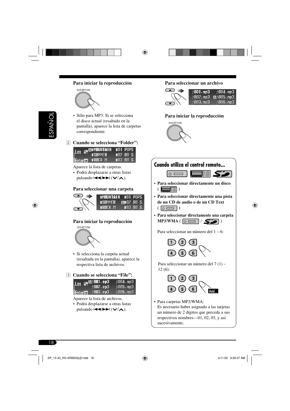 Esp añol, Cuando utiliza el control remoto | JVC KD-AR8500 User Manual | Page 76 / 177