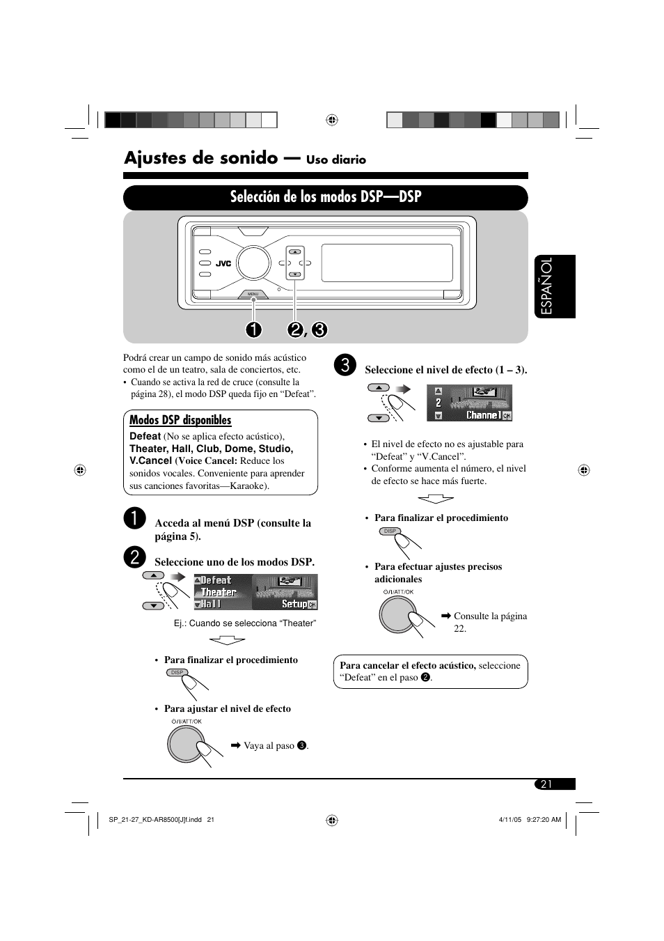 Ajustes de sonido, Selección de los modos dsp—dsp | JVC KD-AR8500 User Manual | Page 79 / 177