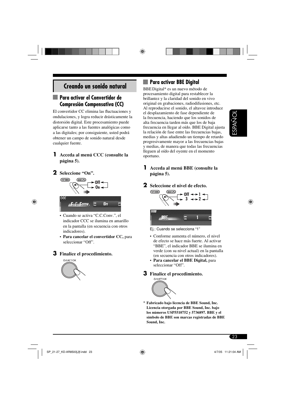 Creando un sonido natural, Esp añol para activar bbe digital | JVC KD-AR8500 User Manual | Page 81 / 177