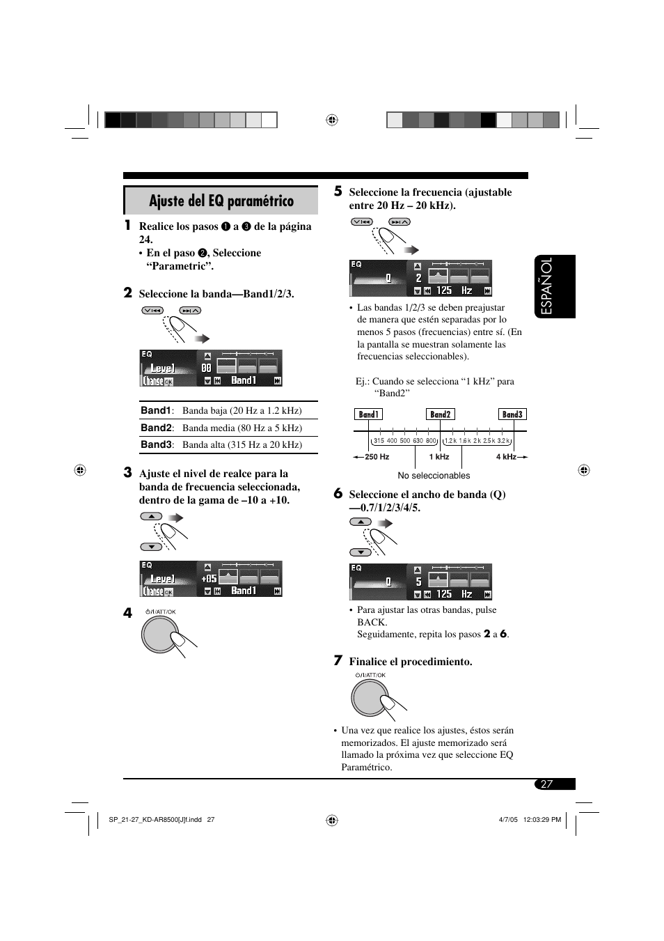 Ajuste del eq paramétrico, Esp añol | JVC KD-AR8500 User Manual | Page 85 / 177