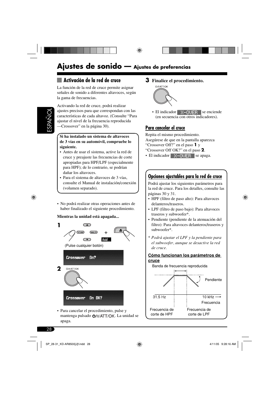 Ajustes de sonido, Esp añol, Activación de la red de cruce | JVC KD-AR8500 User Manual | Page 86 / 177