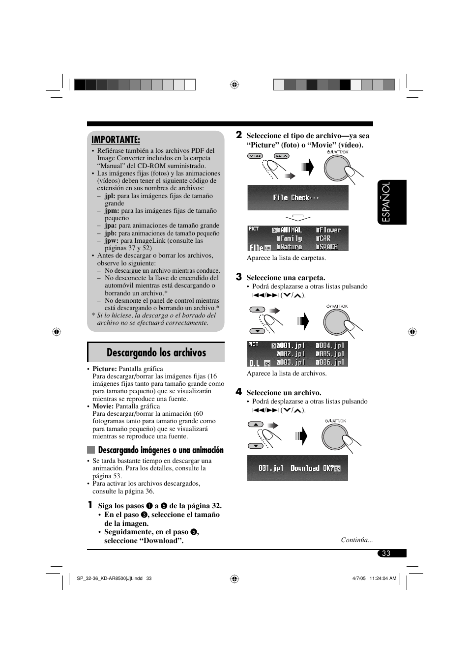 Descargando los archivos, Esp añol, Importante | Descargando imágenes o una animación | JVC KD-AR8500 User Manual | Page 91 / 177