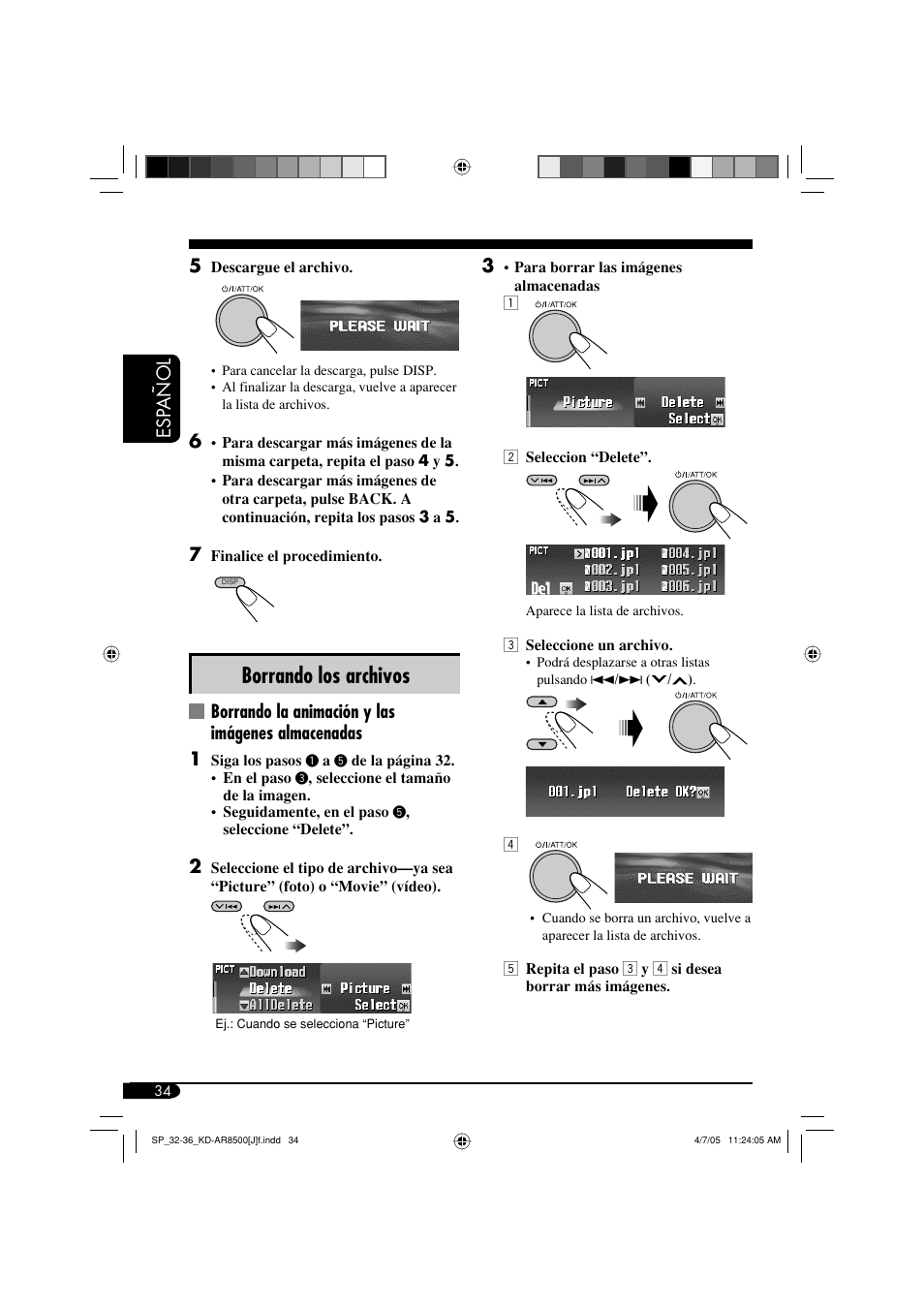 Borrando los archivos, Esp añol 3, Borrando la animación y las imágenes almacenadas 1 | JVC KD-AR8500 User Manual | Page 92 / 177