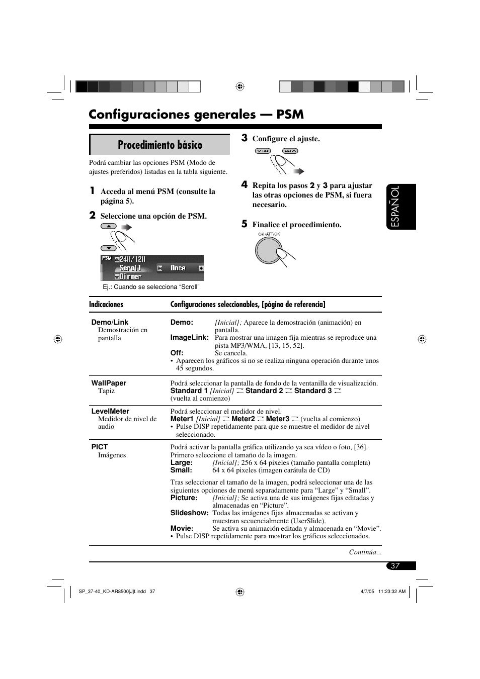 Configuraciones generales — psm, Procedimiento básico, Esp añol 3 | JVC KD-AR8500 User Manual | Page 95 / 177