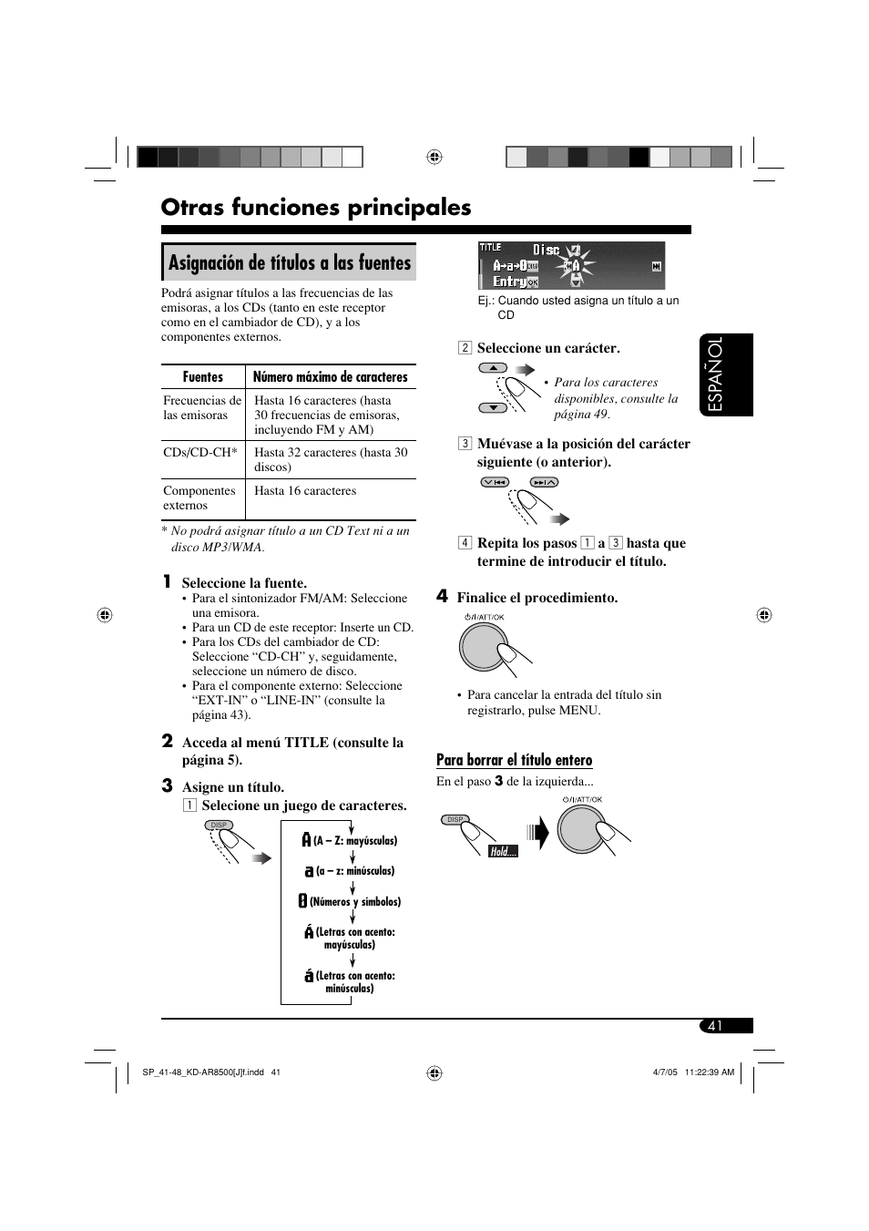 Otras funciones principales, Asignación de títulos a las fuentes, Esp añol | JVC KD-AR8500 User Manual | Page 99 / 177